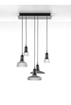 Shadows Small - Lustră cu 5 abajururi din sticlă și elemente din lemn